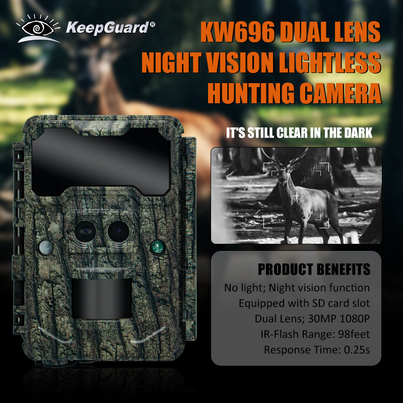 KW696 outdoor wildlife hunting camera dual-lens 30MP no-glow trail camera 1080p night vision 512G forest camera infrared