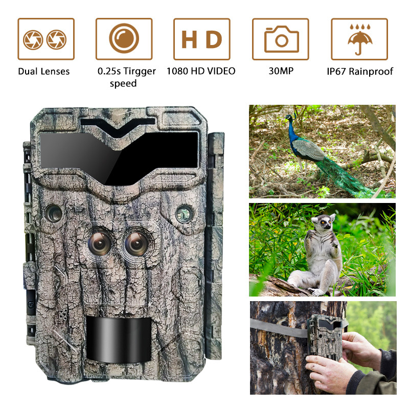 Surveillance hunting camera KW698A with dual-lens 1080P 30MP waterproof IP67 up to 512GB night vision 0.25s trigger