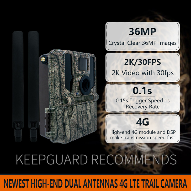 High-End 4g wireless trail camera 2024 Newest KW897 with dual antennas 36MP 2K 0.1s trigger speed with night vision for  for wildlife research